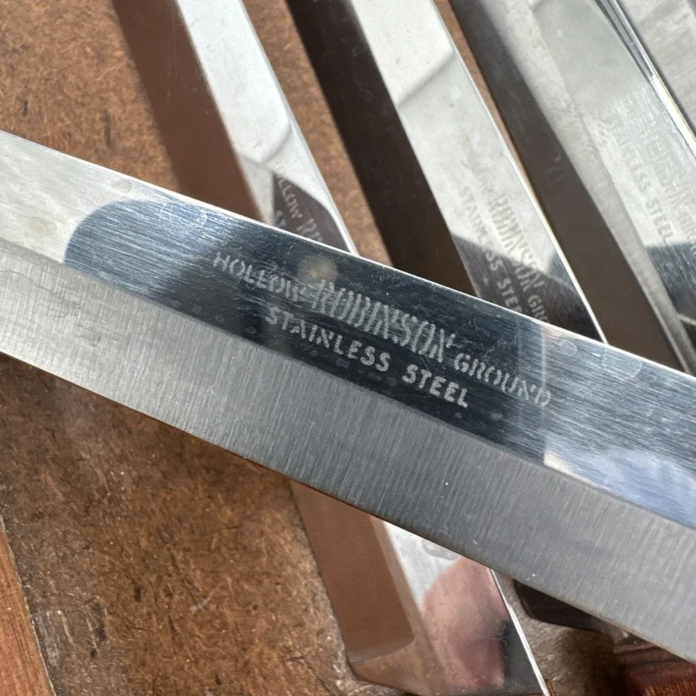 Robinson Hollow Ground Stainless‎ Steel Steak Knives Set of 6 Wood Storage Tray